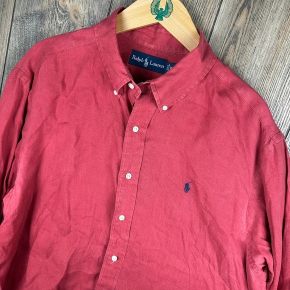 Ralph Lauren 100% Linen Button Down Shirt Long Sleeve Mens Size XL Red - Picture 1 of 8